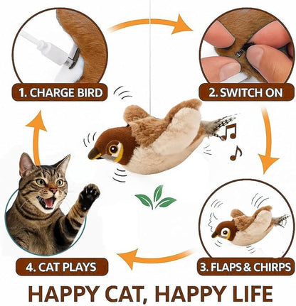 Toys Rechargeable Flapping Bird Sparrow (Not Flying), Lifelike Chirp Tweet, Touch Activated Kitten Toy Interactive Cat Exercise Toys for All Breeds Cat Kicker Catnip Toys (White Sparrow)