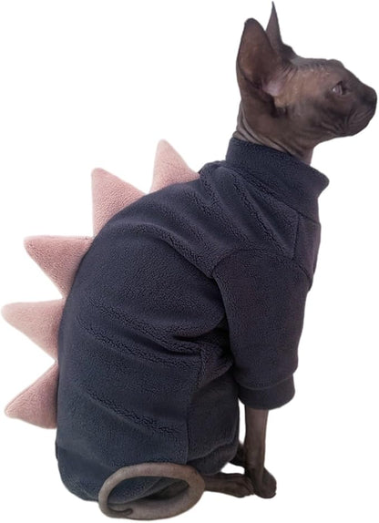 Dinosaur Sphynx Cat Clothes, Soft Polar Fleece Sweater for Cat, Elastic Pet Clothes Thick Winter Warm Outfit for Hairless Cat, Devon, Cornish, Small Dogs Apparel with Sleeves (Grey, XX-Large)