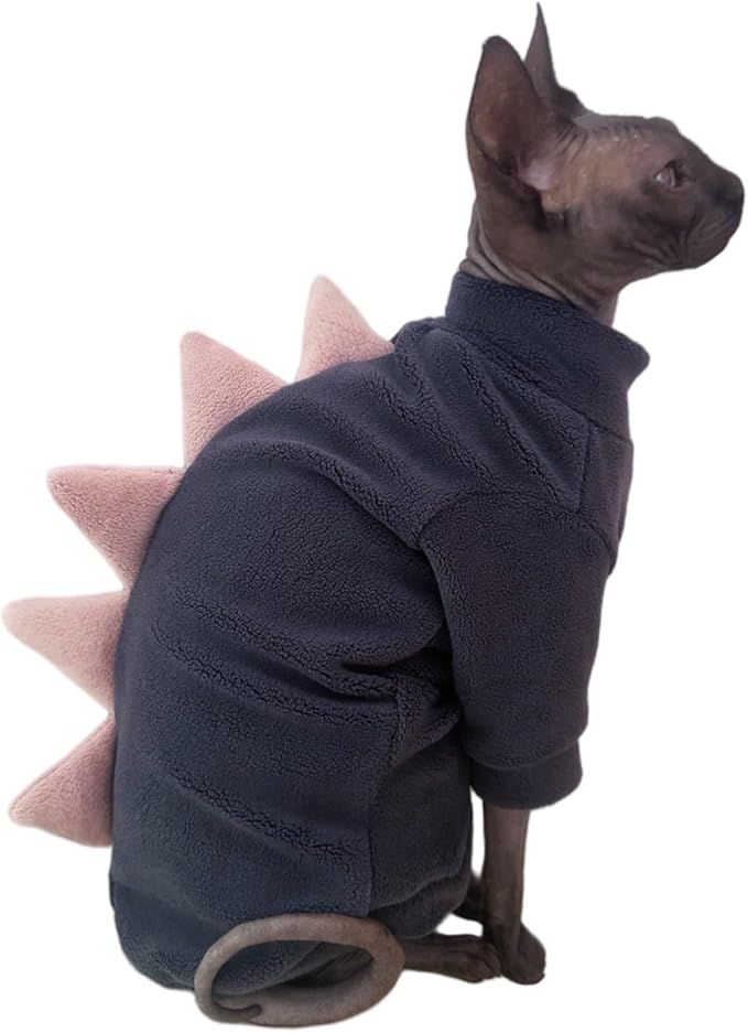 Dinosaur Sphynx Cat Clothes, Soft Polar Fleece Sweater for Cat, Elastic Pet Clothes Thick Winter Warm Outfit for Hairless Cat, Devon, Cornish, Small Dogs Apparel with Sleeves (Grey, X-Large)