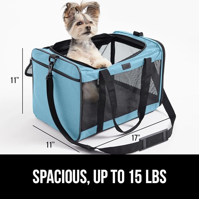 GORILLA GRIP Cat Carrier Travel Bag Up to 15 Lbs, Soft Collapsible Small Dog Carriers, Top and Side Entry Breathable Mesh, Grip Feet on Underside, Cozy Washable Waterproof Pad, Portable Kennel, Blue