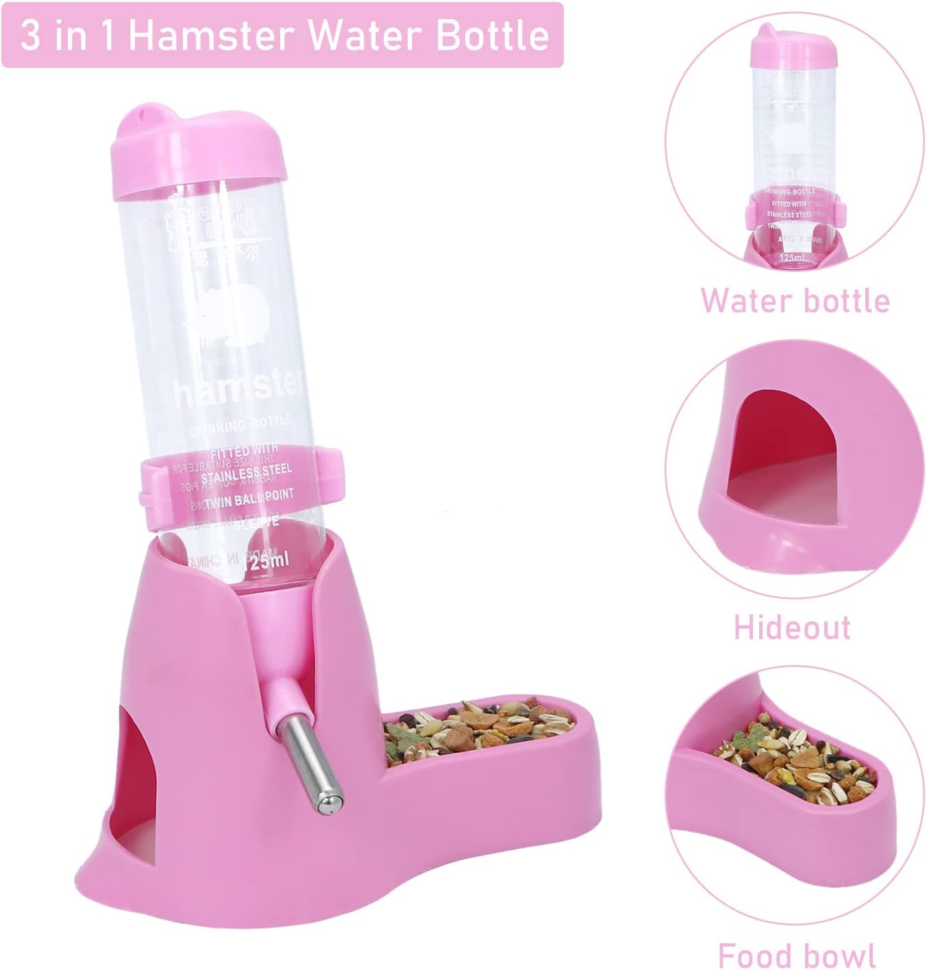 Wontee Hamster Water Bottle Water Dispenser Hamster Silent Exercise Running Wheel for Dwarf Hamsters Gerbil Mice (Pink, 125ML)