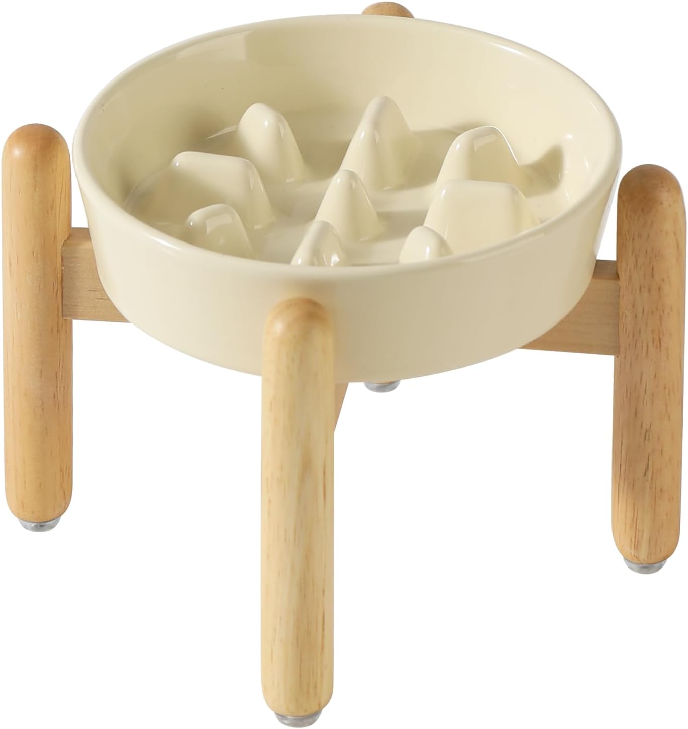 Ceramic 1.2 Cup Dog Raised Slow Feeder Set, Elevated Bowl with Wooden Stand for Medium and Small Dog, 7.3inch Slow Feeder Dish for Fast Easters (Beige, Single Bowl+ Stand)