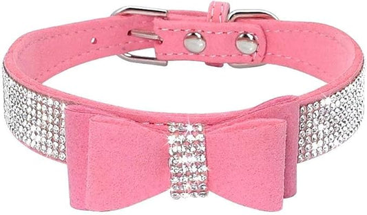Rhinestone Dog Collar, Cute Dazzling Sparkling Soft Suede Leather Adjustable Pet Dog Cat Collar Crystal Diamond for Puppy Small Medium Large Dogs (M:32-38cm, Pink-1)