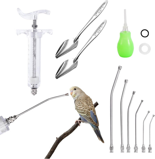 20ML Baby Bird Feeding Syringe Set Pet Syringe with 6 Pcs Curved Gavage Feeding Tubes and Bird Drinker Stainless Steel Metal Feeding Spoon for Baby Birds Parrot Small Pet