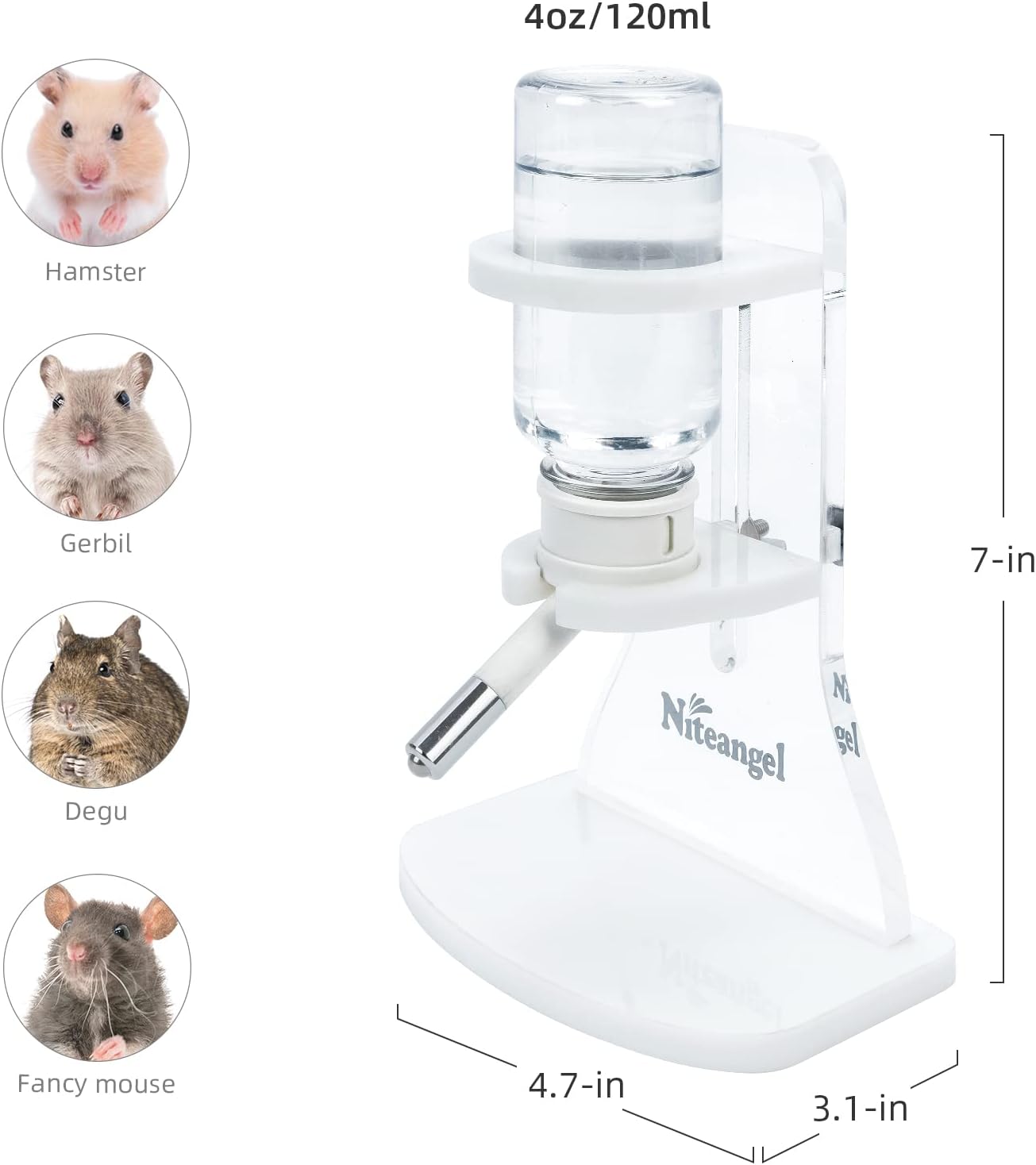 Niteangel Water Bottle with Stand for Syrian Dwarf Hamsters Gerbils Mice Rats Degus Small pet (Transparent)