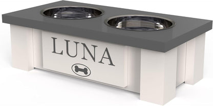GrooveThis Woodshop - Personalized Elevated Dog Bowl Stand for Large, Medium, Small, X-Small Dogs - Stainless Steel Food and Water Bowls - Raised Dog Dish with Internal Storage (X-Small, Grey)