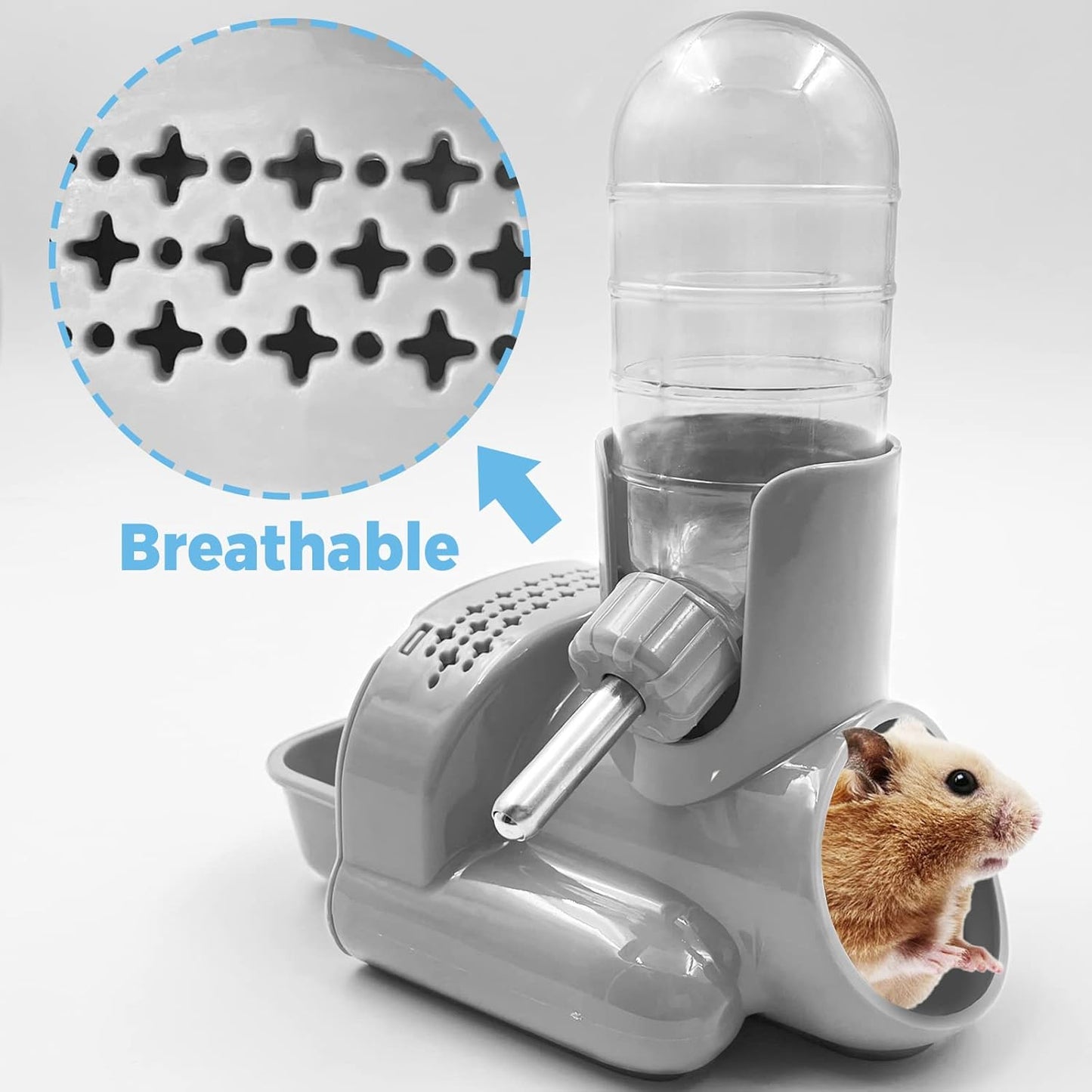 VANNON 3 in 1 Hamster Water Bottle No Drip Small Animal Water Bottle Automatic Bottle Dispenser with Food Container Base Hut and Hideout Base 4oz/120ml,Leekproof, BPA Free