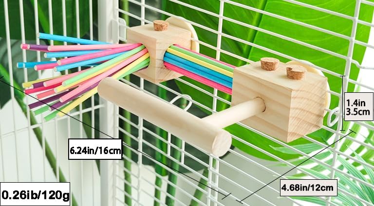 Parrot Cage Toy(4 funcitons) Perch Standing with Pine Wood Foraging Smart Toy Soft Corks for Small to Regular Size Parrot Cockatiel Birds