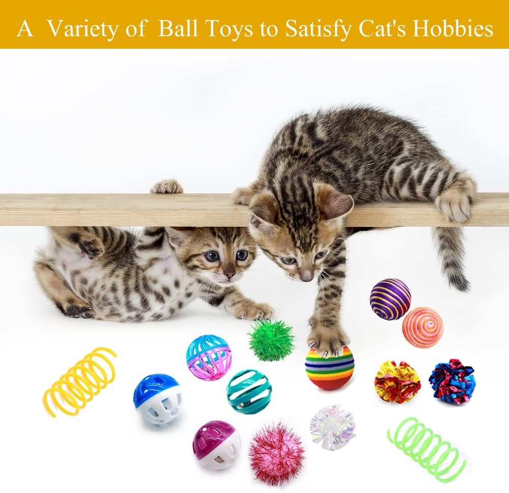 LASOCUHOO Cat Toys Kitten Assortment - Rainbow, Crinkle, Sparkle, Bell & Sisal Balls for All Cats - 30 Packs