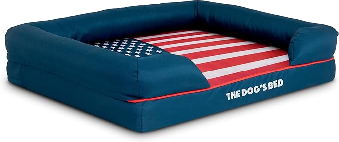 The Dog’s Bed, Medium Blue Oxford with Red Trim USA Flag Dog Bed with Central Flag, Memory Foam, Pain Relief, Post Surgery, Waterproof Washable Cover