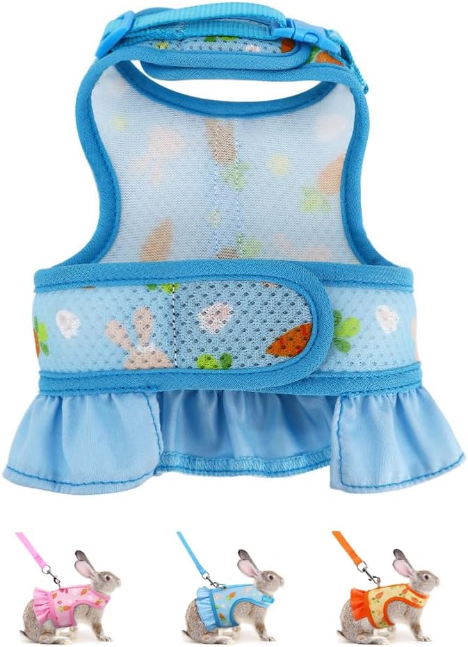 Bunny Harness and Leash,Proof Walking Escape Cute Floral Mesh Vest Breathable Rabbit Clothes for Bunnies, Hiking, Training for Ferret Kitten Puppy Small Pet Harness Blue M