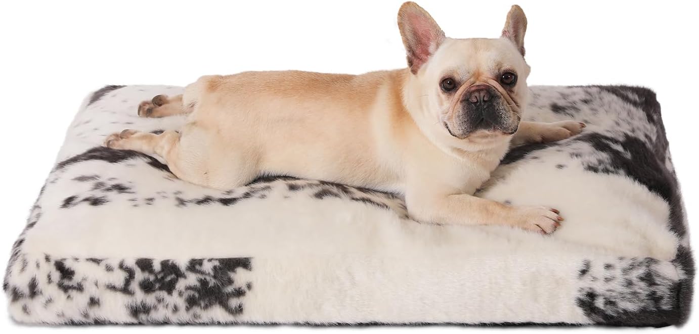 Bedfolks Waterproof Crate Bed, Plush With Removable Washable Cover, Faux Fur Pad for Large Dogs, Fluffy Kennel 35"x23", Black-White Cowhide