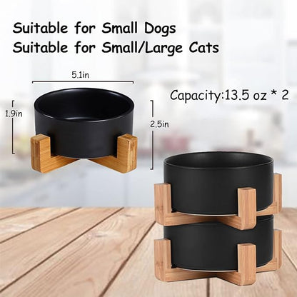 Petygooing Ceramic Black Cat Dog Bowl Set with Stand,Small Dog Bowls, Pet Food and Water Dish, Anti Slip Set of 2 Cat Bowl-Pet Food Dishes- Pet Bowls Small Size Pet (13.5OZ/5.1 in)