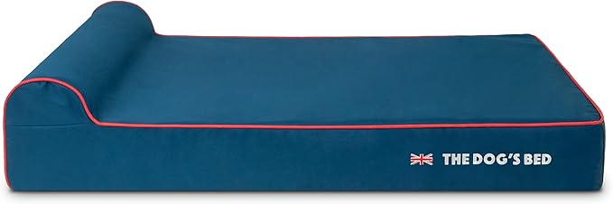 The Dog’s Bed Orthopedic Headrest Dog Bed XL Blue Oxford with Red Trim UK Flag Dog Bed, Memory Foam, Hip & Elbow Dysplasia, Post Surgery, Waterproof Washable Cover