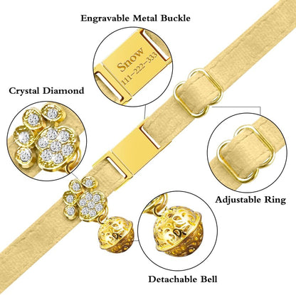 Personalized Breakaway Cat Collars - Magnetic Buckle, Bell - Safety Quick Release, Customized for Girls & Boys Cats- (Velvet-Yellow)