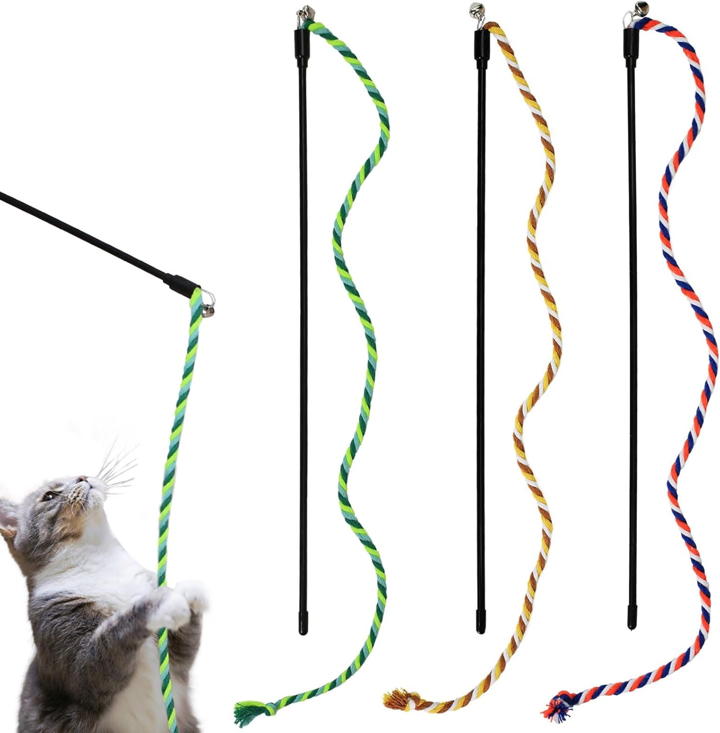 Interactive Cat Toys, 3 Pcs Cat Wand Toys for Indoor Kitten with Colorful Hemp Rope and Small Bell, Kitty Teaser String Toy for Indoor Cats to Chase and Exercise