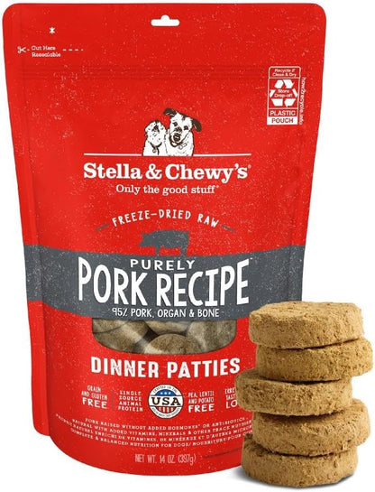 Stella & Chewy's Freeze-Dried Raw Dinner Patties - Purely Pork Recipe - High Protein Grain-Free Puppy & Dog Food - Perfect For Picky Eaters - 14 oz