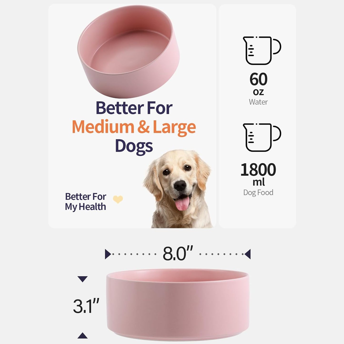 Pink Elevated/Raised Dog Bowl Ceramic for Medium Large Sized Breed,Dog Food Water Bowl with Stand,8 in 7.6 Cups Non Slip Heavy Weighted