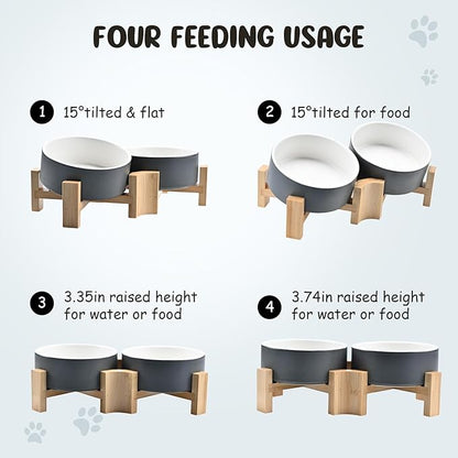 SPUNKYJUNKY 15° Slanted Ceramic Dog and Cat Bowl with Wooden Stand, Tilted Bulldog Food and Water Bowl No Slip Non-Spill for Cats Medium Dogs Big Face Pets 13.5 OZ (1.7 Cups, White-Grey × 2)