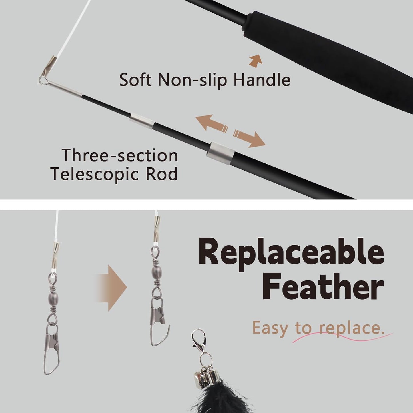 SONGWAY Cat Wand Toys for Indoor Cats - Cat Toy Set with Retractable Teaser Wand and 6 PCS Feather Toy Refills, Dragonfly Tassel Cat Toys Interactive, Black