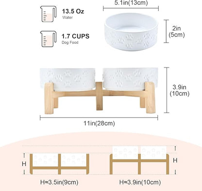 SPUNKYJUNKY Elevated Dog Bowls Ceramic, 5.1'' Dogs and Cat Food Water Bowls Raised with Non-Slip Bamboo Stand for Puppy Small Sized Breed Microwave Dishwasher Safe - 13.5 OZ,Paw White