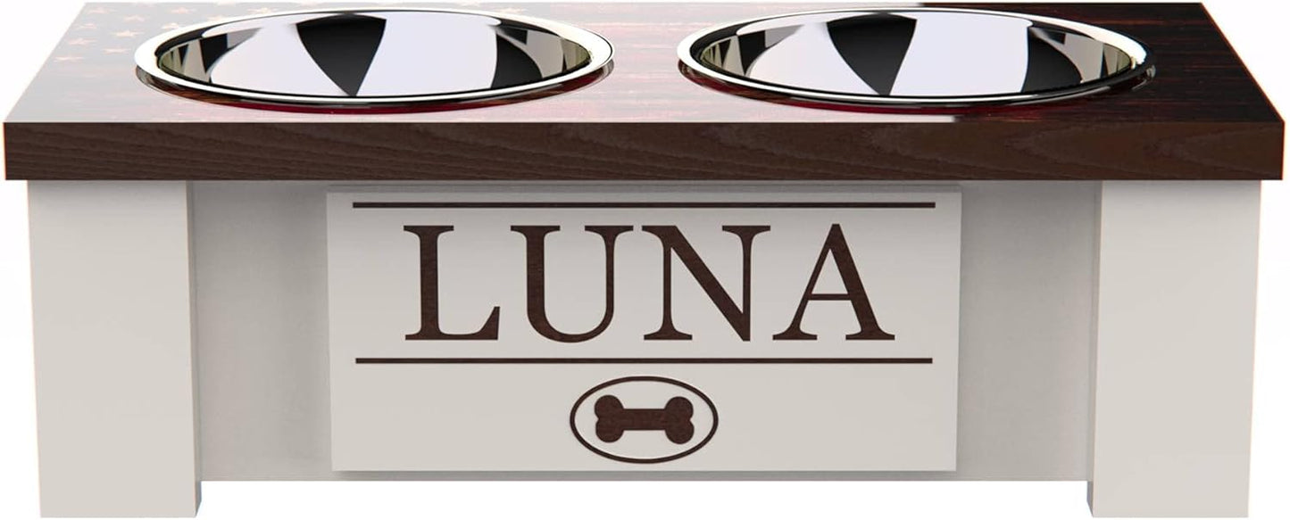GrooveThis Woodshop - Personalized Elevated Dog Bowl Stand for Large, Medium, Small, X-Small Dogs - Stainless Steel Food and Water Bowls - Raised Dog Dish (X-Small, Flag Design)