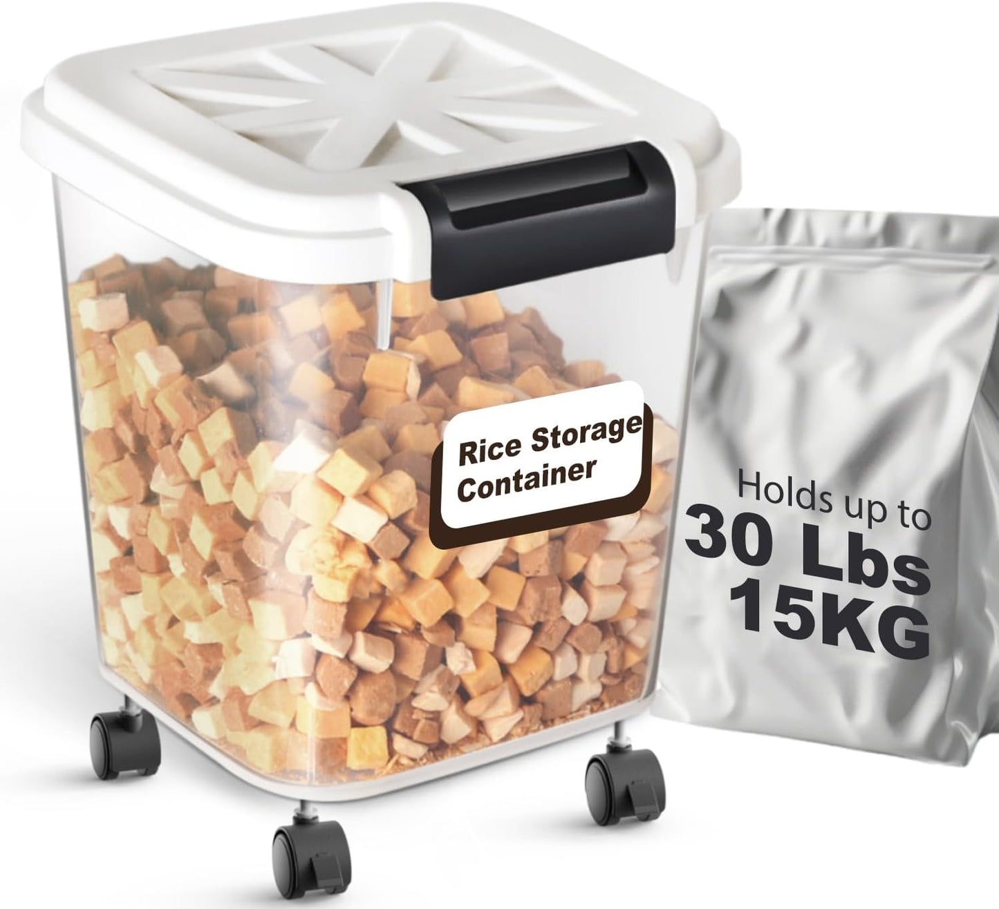 LivLab Mker Large Rice Storage Container 30 lbs, Airtight Pet/Cat Treat Storage Bin with Lids, Attachable Wheels, Great for Flour & Rice, Easy Mobility, BPA Free, White