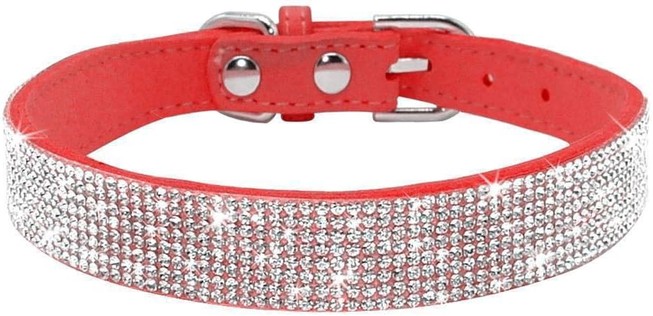 Serijoars Small Dog Collar with Rhinestone Crystal Diamond Colorful Bling Girl Puppy Cat Collars (L, Red)