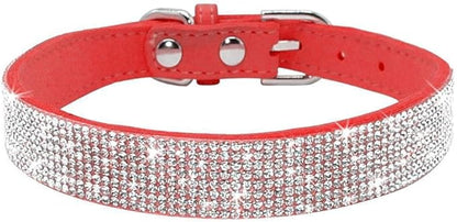 Rhinestone Dog Collar, Cute Dazzling Sparkling Soft Suede Leather Adjustable Pet Dog Cat Collar Crystal Diamond for Puppy Small Medium Large Dogs (S:26-32cm, Red)