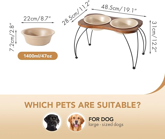 Ceramic 8.7-inch Raised Double-Bowl Set with Non-Slip Stand, Food & Water Dishes for Large Dogs, Wide Opening with Rounded Edges(Oat Beige)