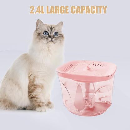 Cat Water Fountain - BOODIDI Ultra Silent Pet Drinking Fountain for Cats and Small Dogs, Indoor Water Fountain, 2.4L/2.5QT Capacity, with Replacement Filters (Pink)