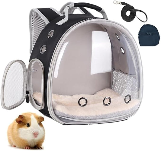 Portable Guinea Pig Backpack with Small Bag Harness and Leash Set, Space Capsule Bubble Pet Carrier Cage Travel for Rabbit, Bearded Dragon, Sugar Glider (Black, Backpack+Bag)