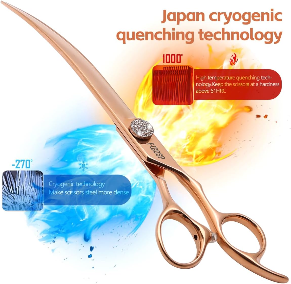 Rose Gold Titanium Curved Dog Grooming Scissors 8'' Downward 30° with Jewelled Screw Japan 440C Professional Pet Grooming Trimming Shears for Large Dogs Poodle(8,Curved)