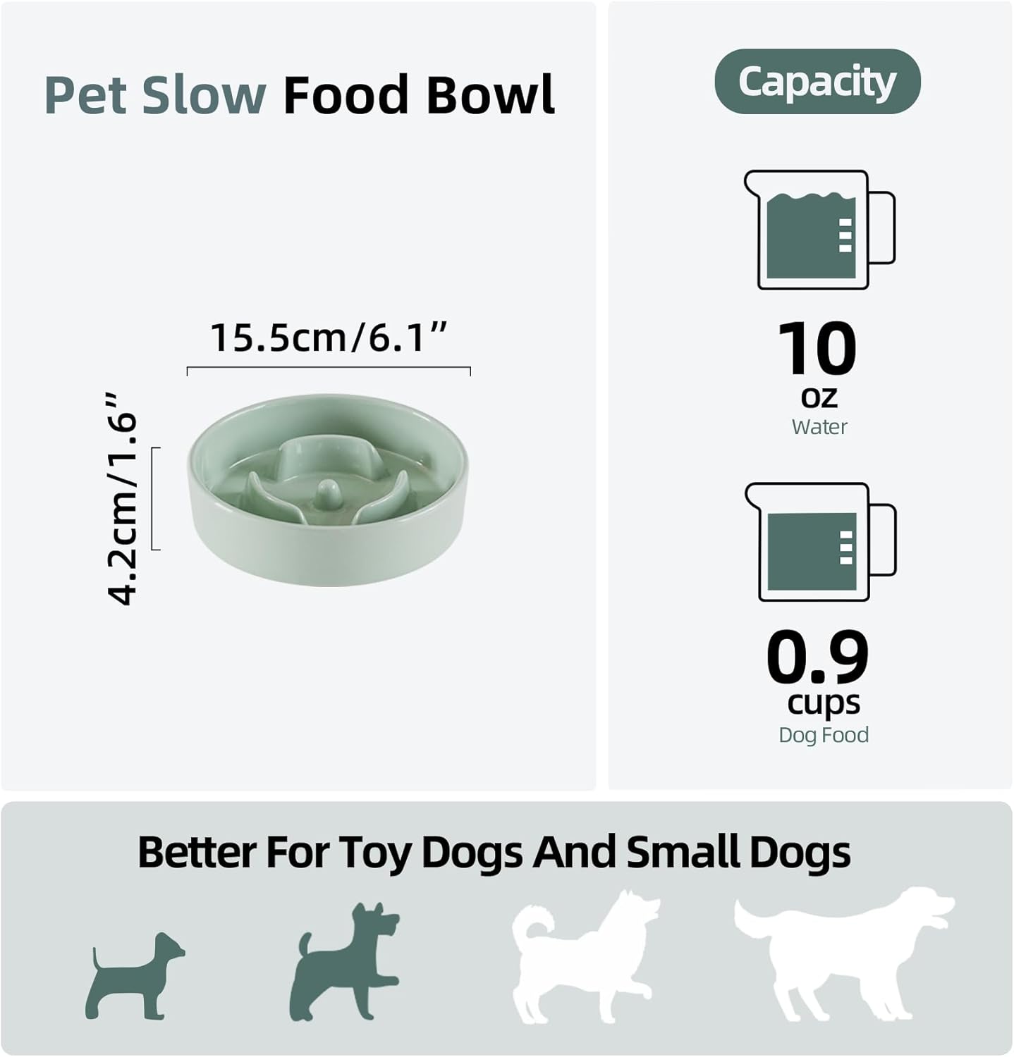 Ceramic 0.9 Cup Dog Bowl Slow Feeder for Small Dog, 6.1inch Pet Slow Feeder, Stop Bloat, Preventing Choking(Single Bowl-Light Green)