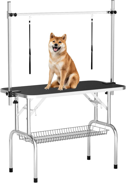 46'' Dog Grooming Table for Large Dogs, Foldable Professional Grooming Table for Dogs at Home with Double Loops/Mesh Tray/Adjustable Arm, Capacity up to 330lbs, Black