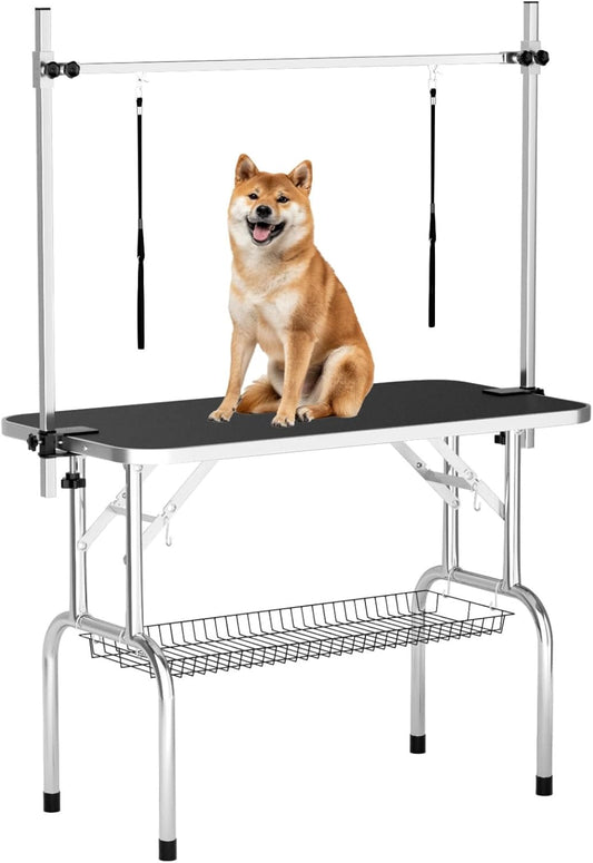46'' Dog Grooming Table for Large Dogs, Foldable Professional Grooming Table for Dogs at Home with Double Loops/Mesh Tray/Adjustable Arm, Capacity up to 330lbs, Black