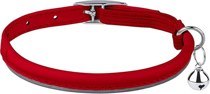 OOPSDOGGY Rolled Leather Cat Collar with Bell, Reflective Kitten Collars with Buckle Include Safety Elastic Strap - Adjustable Small Pet Collars for Boy Girl Cats (Red)