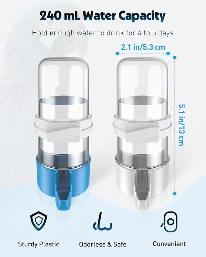 Pawfly Auto Bird Waterer, 2-Pack Cage Dispenser Feeder for Parrots, Hamsters - Small Bird Accessories for Cockatiel, Budgie, Lovebirds (White/Blue)