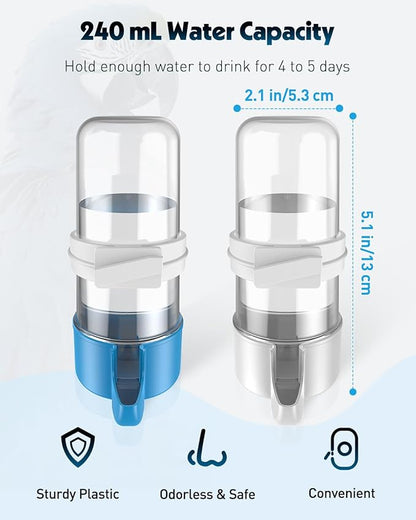 Pawfly Auto Bird Waterer, 2-Pack Cage Dispenser Feeder for Parrots, Hamsters - Small Bird Accessories for Cockatiel, Budgie, Lovebirds (White/Blue)