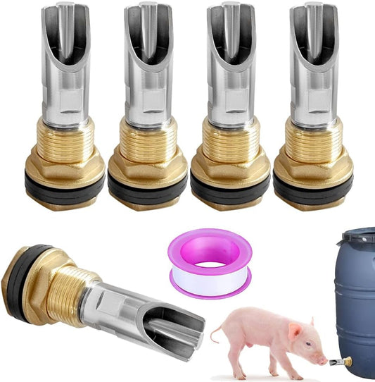 Joywayus 5PCS 1/2 Stainless Steel Automatic Pig Nipple Water Drinker Feeder Waterer + 5PCS 1/2 Female to 3/4 Male Brass Water Tank Connector Bulkhead Fitting Kit for Sows Piglets Drinking
