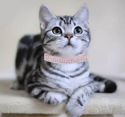 THAIN Rhinestones Cat Dog Collar Soft Velvet Safe Adjustable Collar Bling Diamante with Bells, 8-11 inch for Small Dogs and Cats (Pink)