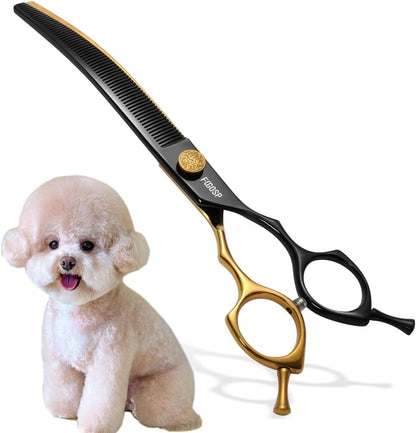 Curved Thinning Shears Dog Grooming 7.5 in Black & Gold Two Color Multipurpose Professional Dog Grooming Scissors for Large Pet 66 Teeth Japan 440C