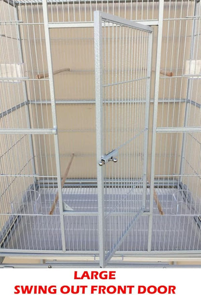 Large Double Center Divider Birdhouse Treehouse Bird Flight Parrot Breeder Cage Feeder Doors Side Breeding Nest Doors Easy Clean Pull Out Tray with Removable Rolling Stand