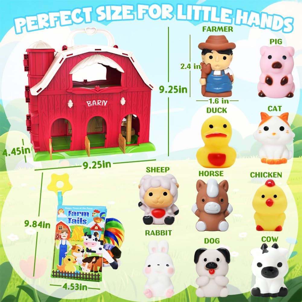Musical Red Barn Farm Animal Toys with Tails Baby Book, Educational Preschool Farm Animals Finger Puppet for Toddlers 1-3, Montessori Learning Toys Christmas Birthday Gift for Boys Girls 12-18 Months
