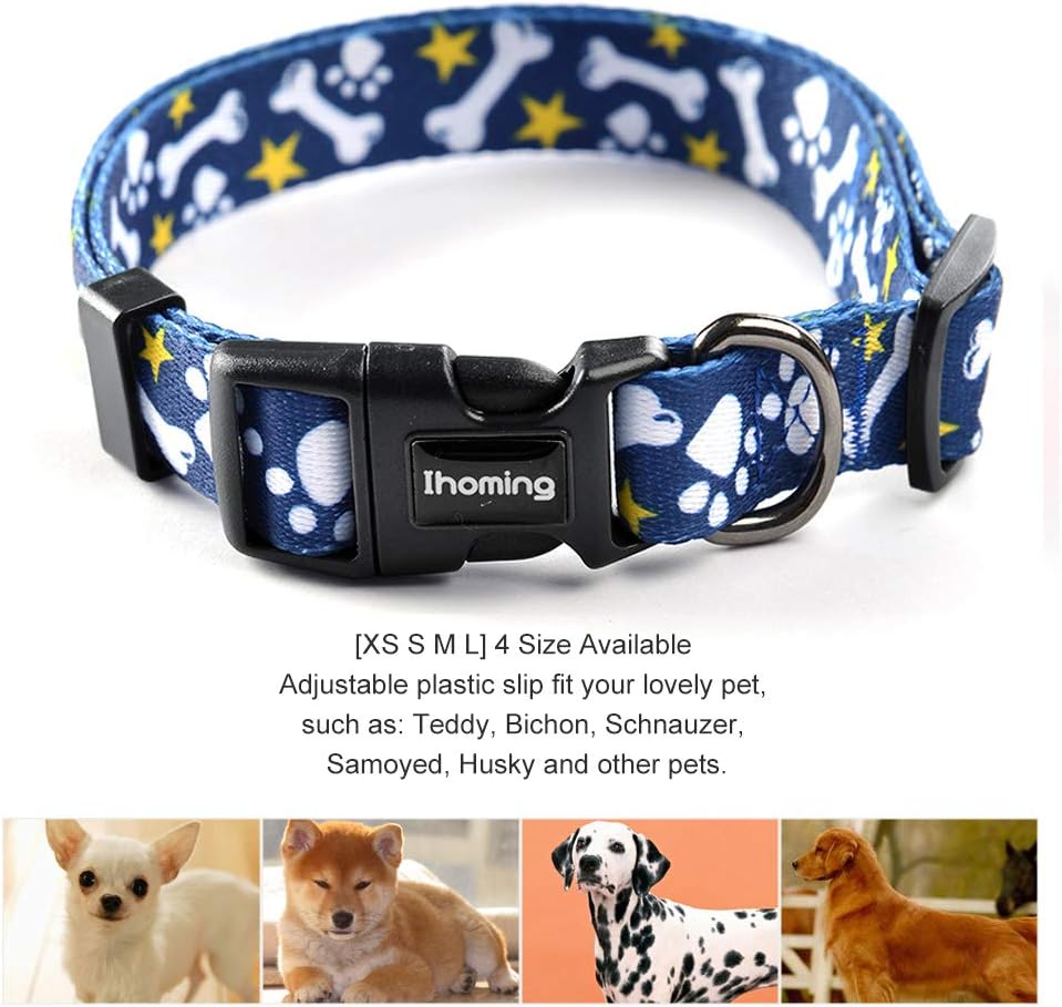 Ihoming Dog Collar and Leash Set for Daily Outdoor Walking Running Training, Bone Design for Medium Boys Girls Dogs Cats Pets, M-Up to 45LBS
