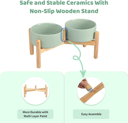 SPUNKYJUNKY Ceramics Elevated Dog Bowls with Wooden Stand Raised Bowl for Medium Large Dog Food and Water Pet Feeding Bowl(Double 60OZ Bowls,Light Green)