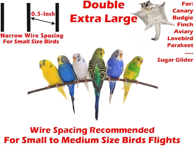 EXTRA LARGE Double Breeding Flight Bird Wrought Iron Double Parrot Bird Cage Slide Out Center Divider Side Nesting Box Doors Cockatiel Conure Removalbe Rolling Stand (Black Vein, 63"L x 19"W x 64"H)
