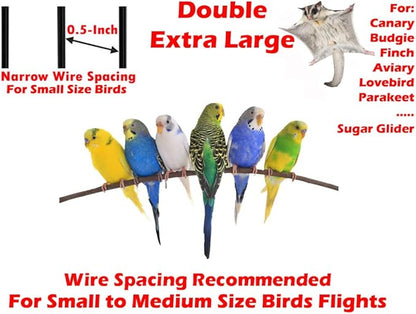 EXTRA LARGE Double Breeding Flight Bird Wrought Iron Double Parrot Bird Cage Slide Out Center Divider Side Nesting Box Doors Cockatiel Conure Removalbe Rolling Stand (Black Vein, 63"L x 19"W x 64"H)
