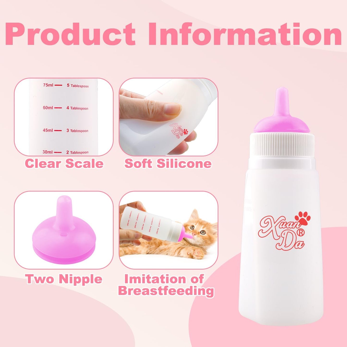 Kitten Bottle Feeding kit with Feeding Nipple and Syringe, Soft Silicone Nursing Pet Feeding Bottle, Ventilation Valve Resistant Tearing for Small Puppies, Kittens, Rabbit (L Nipple-Pink)