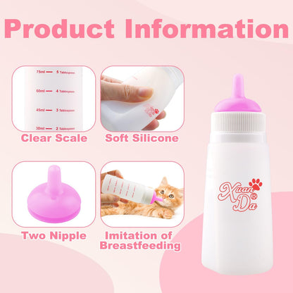 Kitten Bottle Feeding kit with Feeding Nipple and Syringe, Soft Silicone Nursing Pet Feeding Bottle, Ventilation Valve Resistant Tearing for Small Puppies, Kittens, Rabbit (L Nipple-Pink)